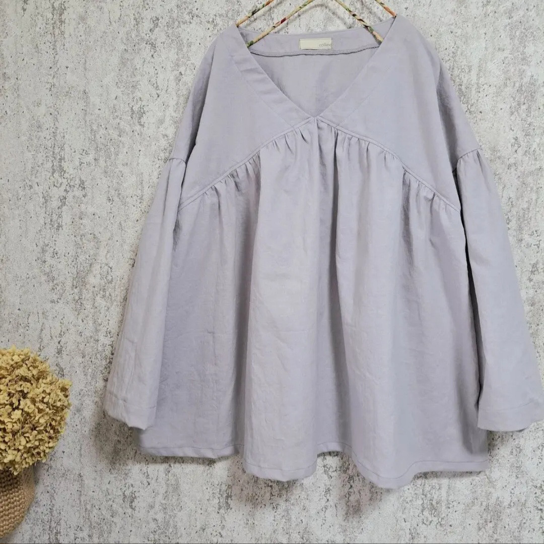 Vネックギャザーブラウス○ライトグレー