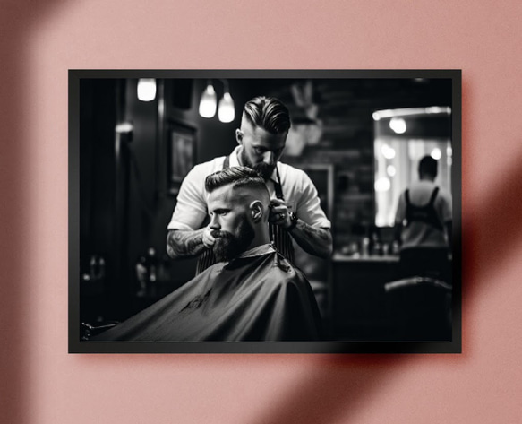 【A4額付き】バーバー 理容室 美容室 ヘアーサロン 床屋 メンズ モノクロ写真 アメリカンレトロ 看板 雑貨 ポスター 1枚目の画像