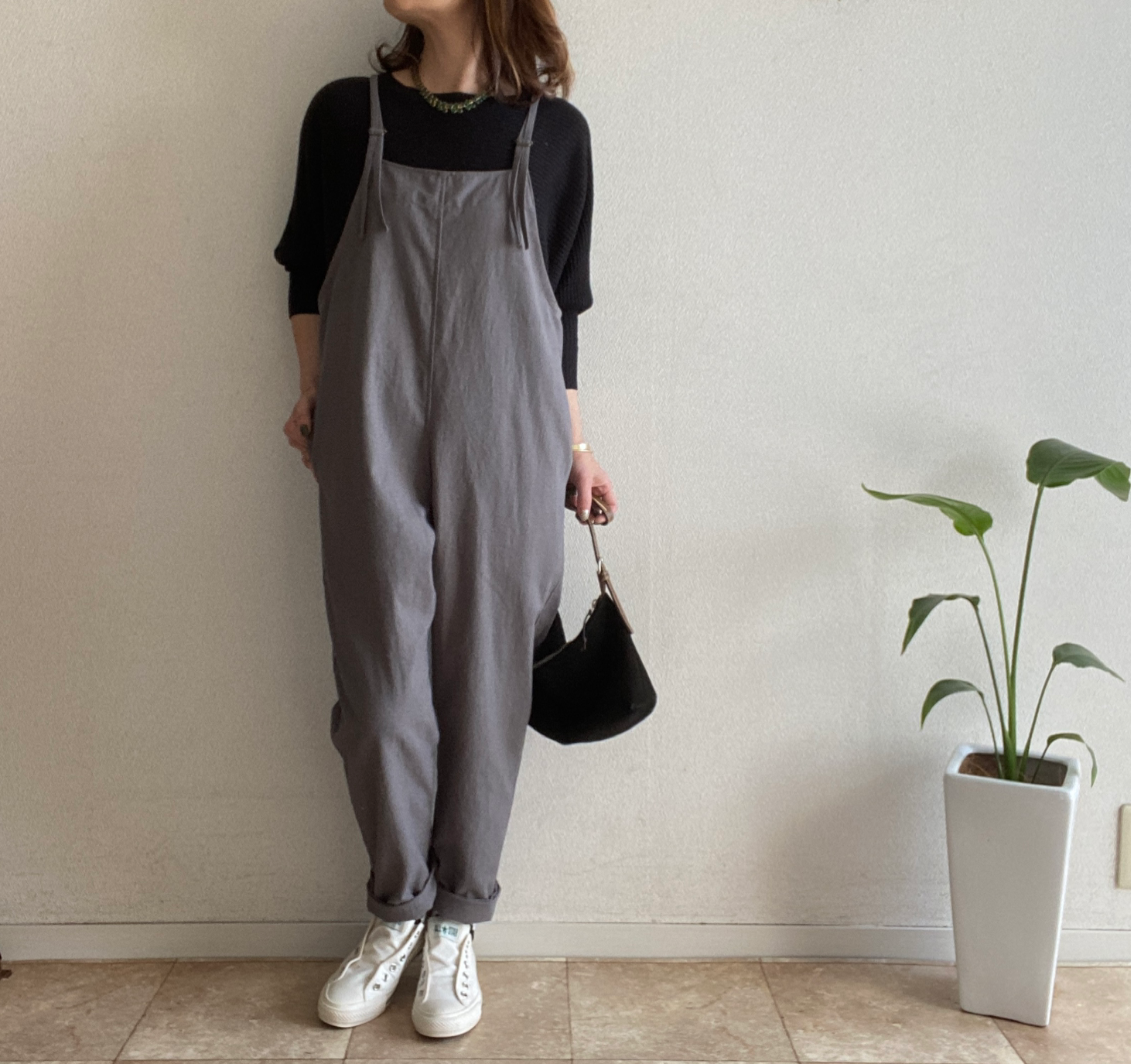 再販13 大人の細見え♪テーパードサロペット（ニュアンスグレー）＊受注製作＊