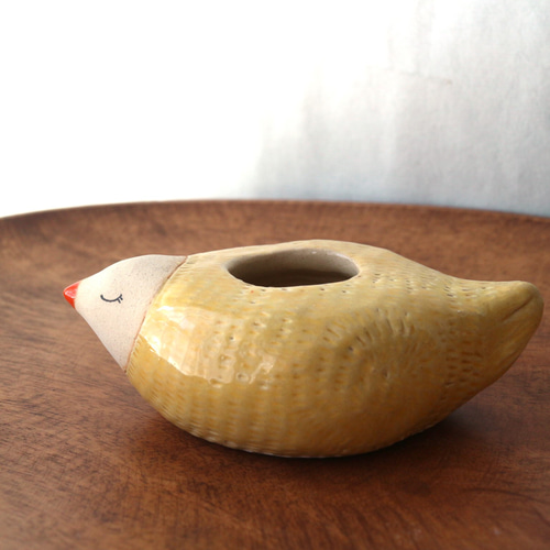 陶器で作った とりの花入れ B ( 黄色 ) 一輪挿し・花瓶・花器 福