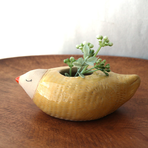 陶器で作った とりの花入れ B ( 黄色 ) 一輪挿し・花瓶・花器 福