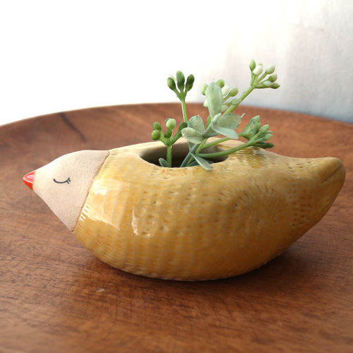 陶器で作った とりの花入れ B ( 黄色 ) 一輪挿し・花瓶・花器 福雪の