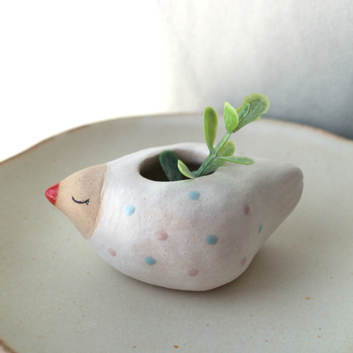 陶器で作った とりの花入れ B (小） 一輪挿し・花瓶・花器 福雪の