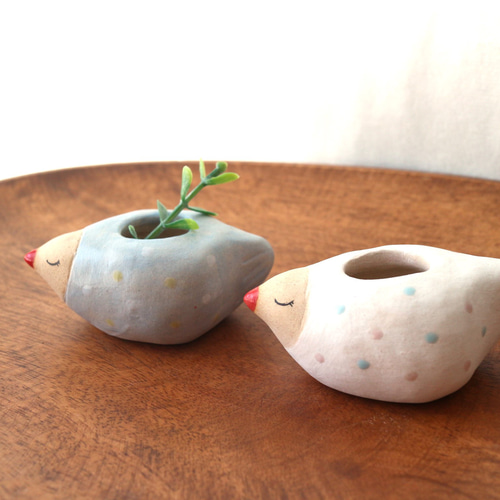陶器で作った とりの花入れ B (小） 一輪挿し・花瓶・花器 福雪