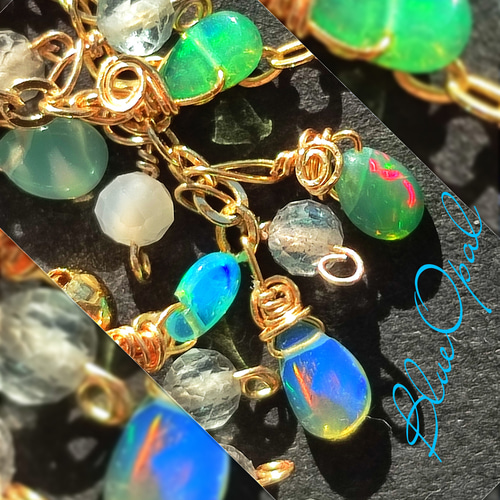 14kgf 最高品質 ブラックオパールブルーオパールオパール ピアス