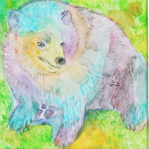 カラフル森のくまの水彩画|カラフルな森のやさしい守り神 絵画