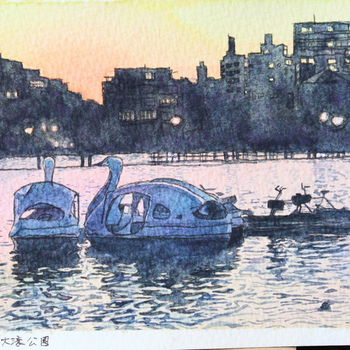 大濠公園の夕陽|夕日に染まる水辺の風景 絵画 深町聡美 通販