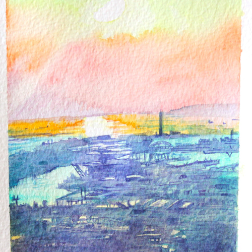 あべのハルカスから大阪湾の夕陽 水彩画｜夕焼けが染める街