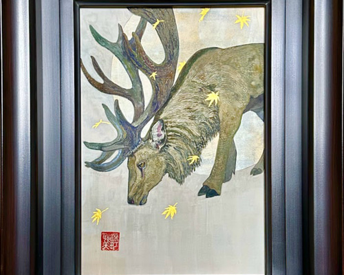 秋いっぱい 鹿と紅葉の和風アート｜静謐な秋、鹿の佇まい 絵画 深町