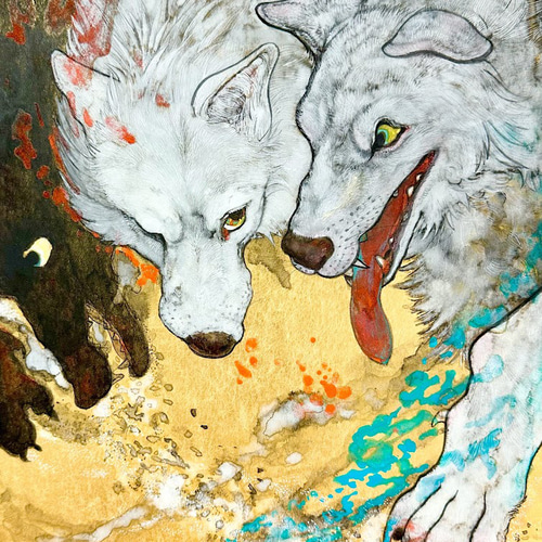 かっこいいケルベロスの和風アート｜和の調べ、白狼ケルベロス 絵画
