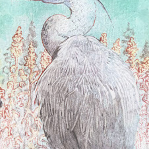 アオサギの涼しげ和風アート｜静寂の湖畔、鷺の優美 絵画 深町