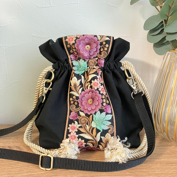 インド刺繍リボン 巾着ショルダーバッグ オーダー品 M】インド刺繍
