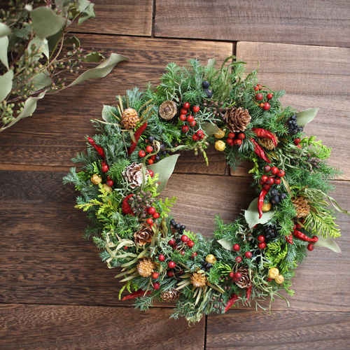 バラの実と木の実たっぷりクリスマスリース*グリーンwreathe バラの実と木の実たっぷりクリスマスリース*グリーンwreathe