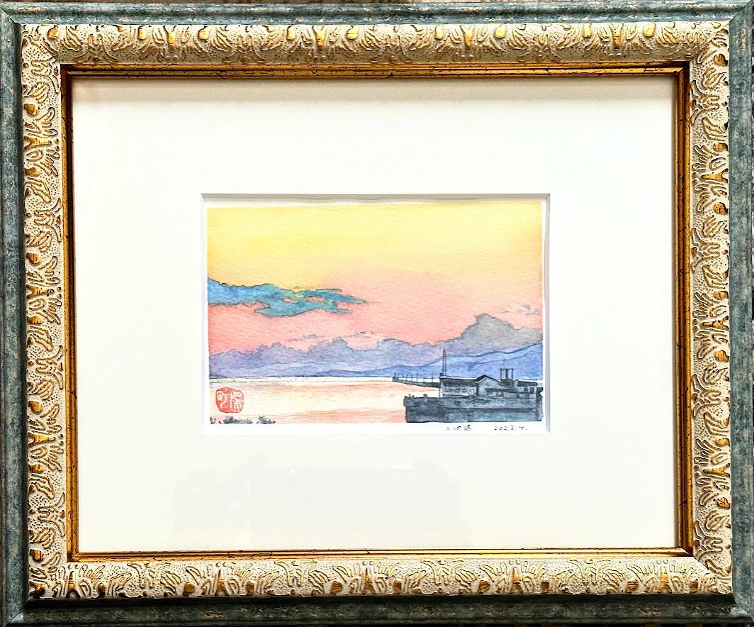 水彩画 港の風景 水彩画 港の風景(金田漁港) 額縁付き 水彩画（金田漁港の水揚げ