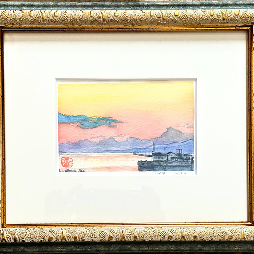 三池港の夕陽の水彩画2｜夕焼け小焼け、三池港の風景 絵画 深町