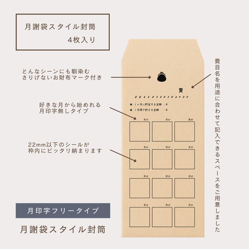自由に始めれる！月謝袋スタイル 月印字フリータイプ 4枚入｜積立封筒