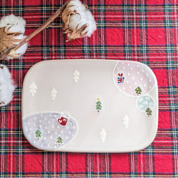 『クリスマス限定』ホワイトクリスマス柄の長皿(赤土) 5枚目の画像