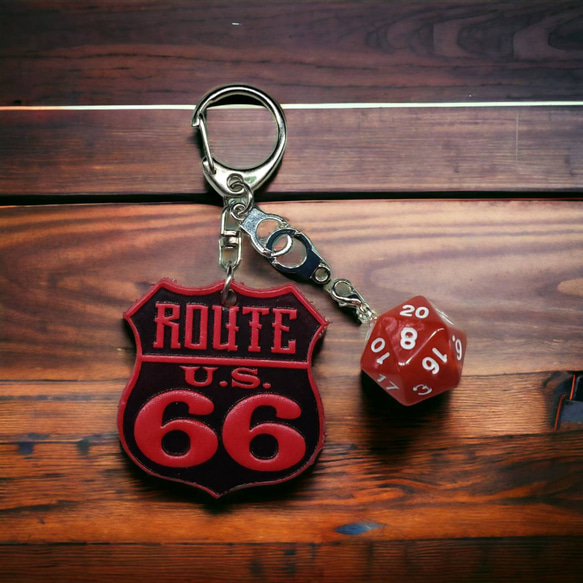 ROUTE66 ヌメ革 ダイス キーホルダー シルバー　レッド 6枚目の画像