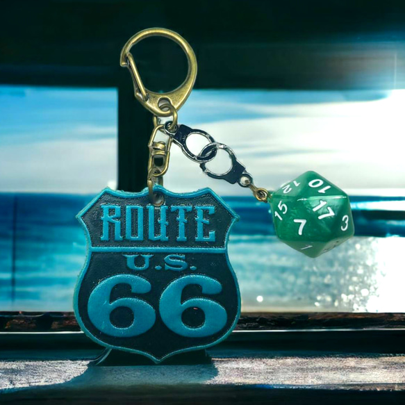 ROUTE66 ヌメ革 ダイス キーホルダー シルバー　エメラルド 6枚目の画像