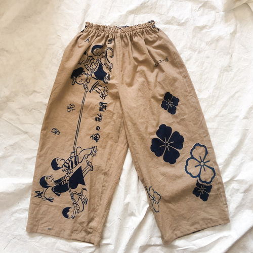 柿渋染め 手ぬぐいリメイク ワイドパンツ ゆったりズボン 綱引き