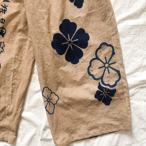 柿渋染め 手ぬぐいリメイク ワイドパンツ ゆったりズボン 綱引き