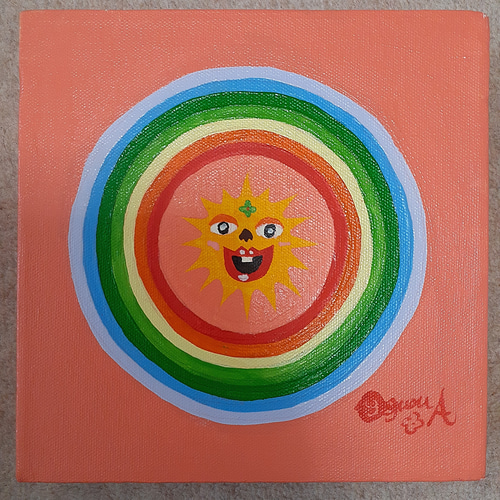 ハッピー太陽と虹　キャンバス　20×20cm　油絵　小楠アキコ作品 ハッピー太陽と虹キャンバス20×20cm油絵小楠アキコ作品