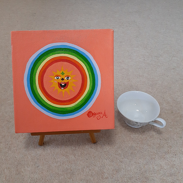 ハッピー太陽と虹キャンバス20×20cm油絵小楠アキコ作品