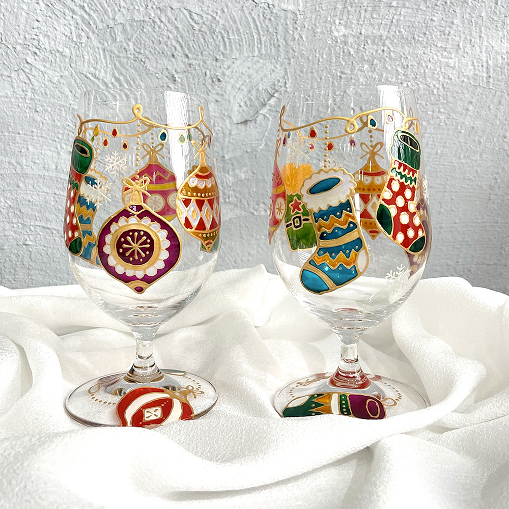 Xmasオーナメント ビアグラス　1脚　｜耐熱/手描き/記念日/パーティ