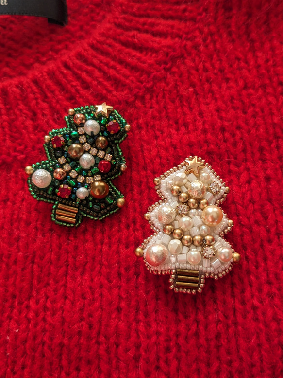 クリスマスツリー　グリーン　ビーズ刺繍ブローチ 9枚目の画像