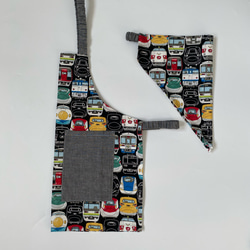 電車フェイス黒⭐︎100〜110子供エプロン、三角巾、巾着の３点セット　 2枚目の画像