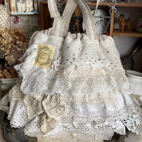 大人可愛いアンティークラッフルフリルレース尽くしのリネンドロー