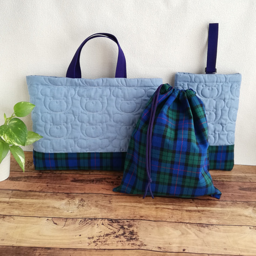 エメラルドグリーン チェック付き くま柄キルティング セット販売