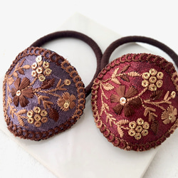 インド刺繍リボンとレザーの髪飾り ボタニカルオーバル バーガンディ 7枚目の画像