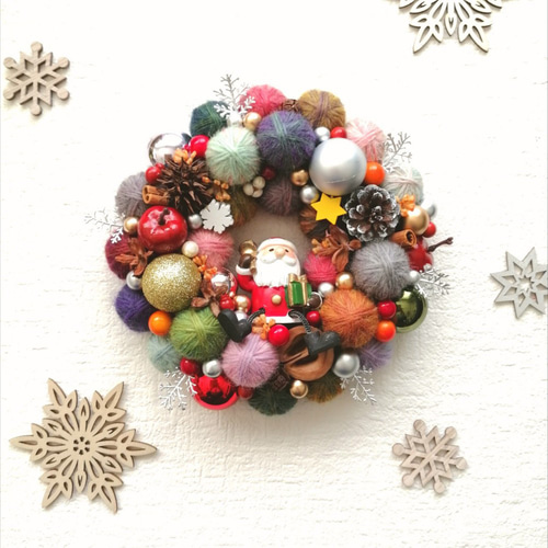 カラフルでにっこり☆毛糸玉のクリスマスリース（小） ニットリース 