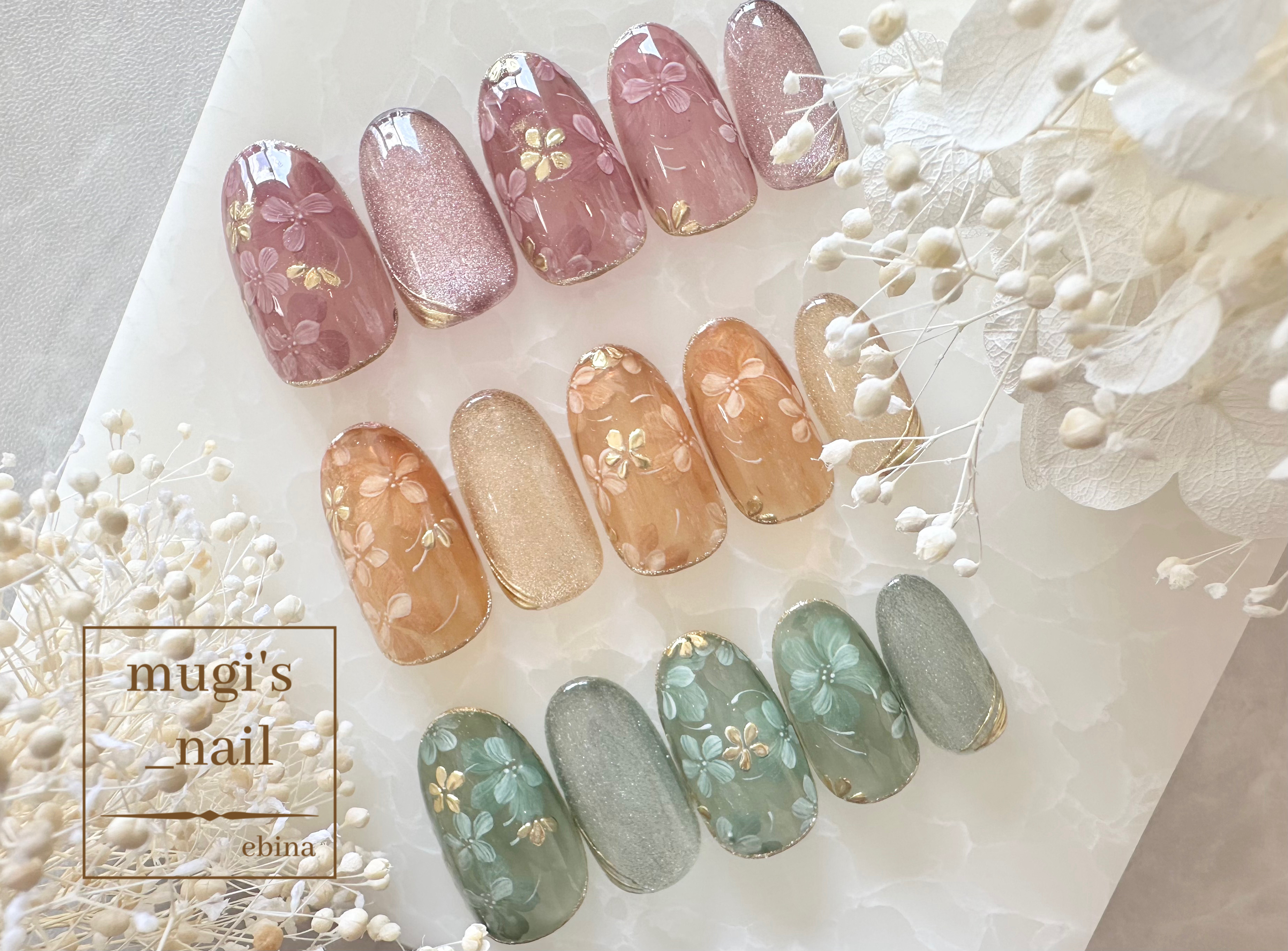 サイズオーダーネイルチップフラワーネイルマグネットベージュ