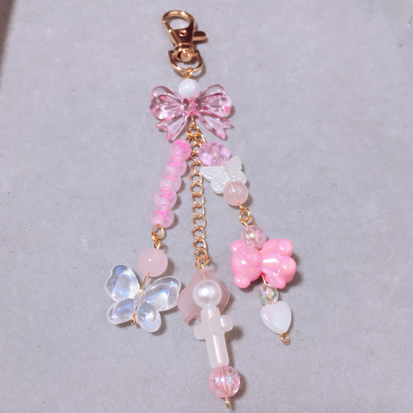 ビーズキーホルダー ピンク ビーズチャーム 韓国 リボン フェアリー
