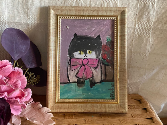 絵画。壁掛け原画【ピンクのピアノ童話とかわいい黒猫】 絵画。壁掛け原画【ピンクのピアノ童話とかわいい黒猫】