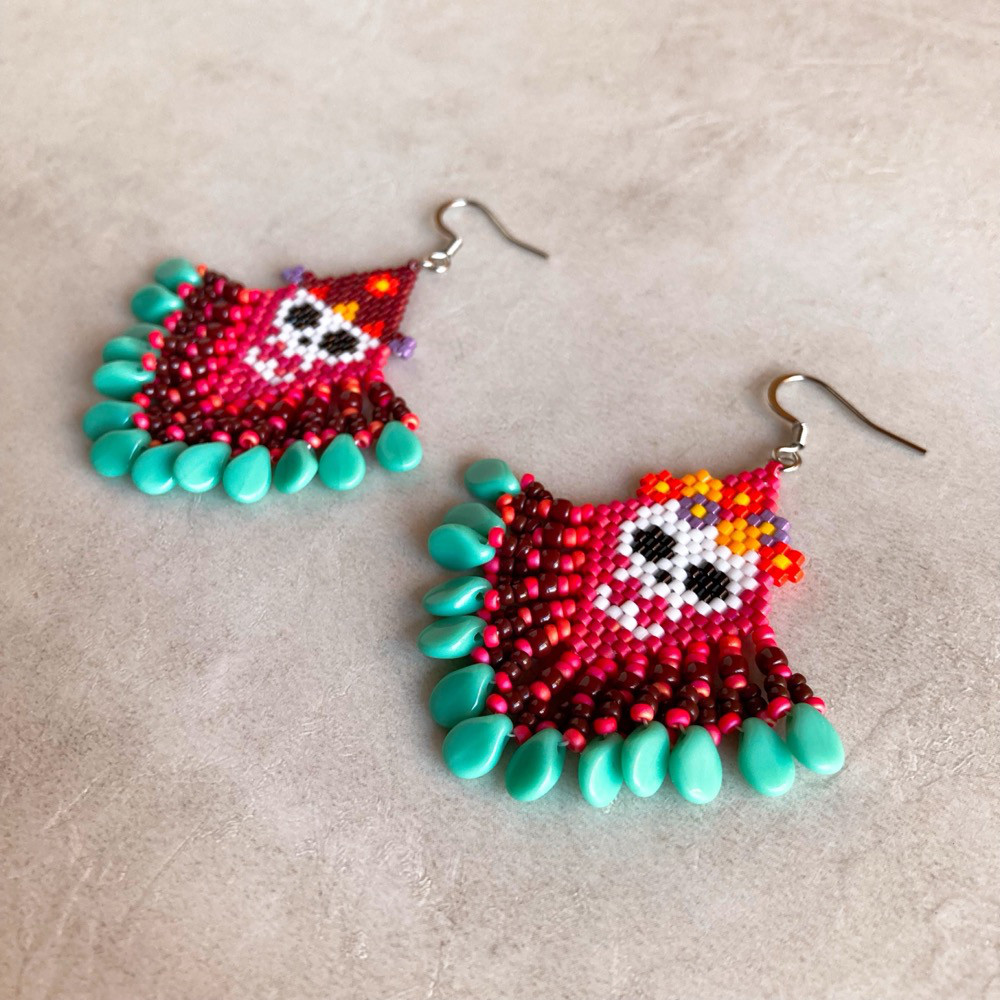 メキシカンスカル フリンジピアス/イヤリング　陽気なスカル　金属アレルギー対応