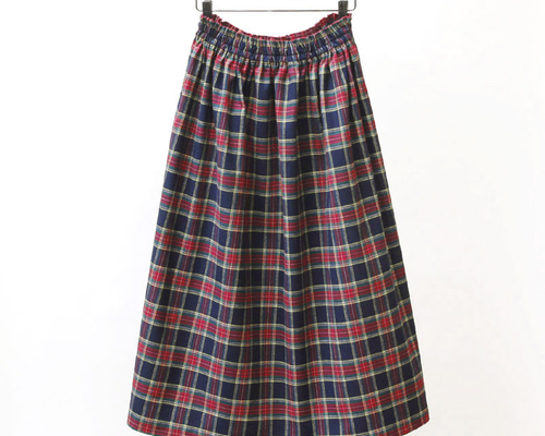 即納】タータンチェック ロングスカート（ネイビー×レッド）紺