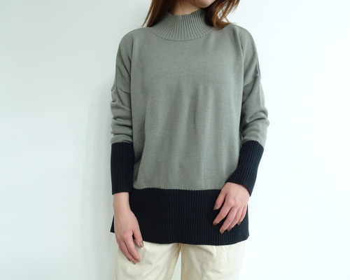 ジャパンメイド】首元あったかハイネックニット<グレー×チャコール