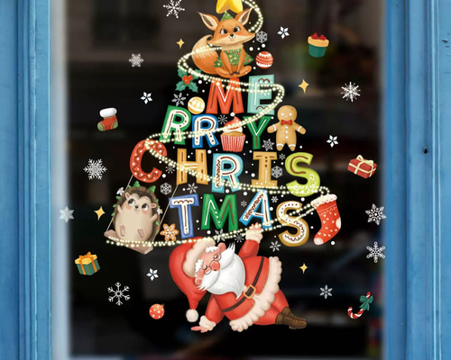 ウォールステッカー ST14 クリスマスツリー サンタ キツネ 癒す DIY 窓 