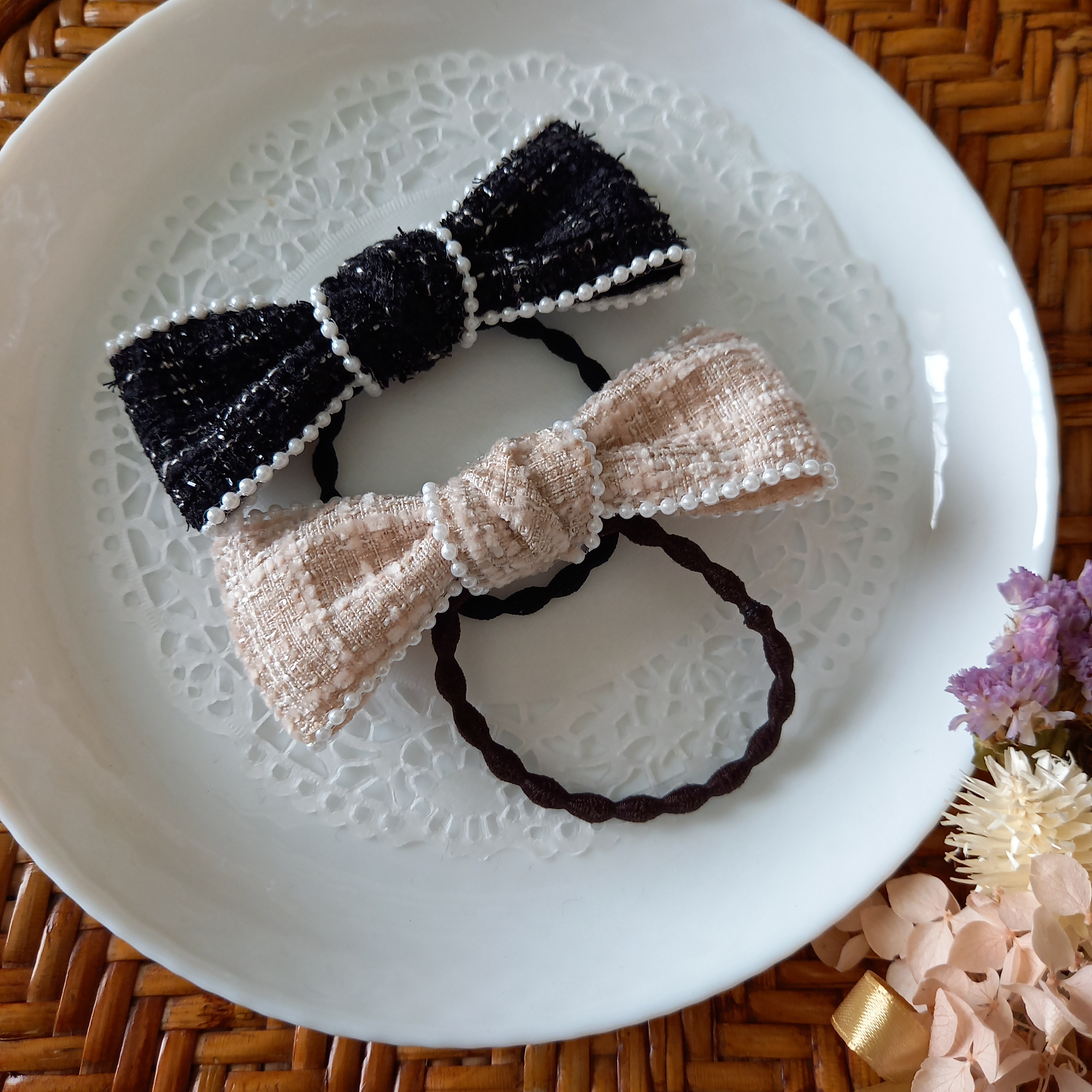 ツイードリボン〜桃〜 ハンドメイドヘアゴム リントン LINTON ツイード