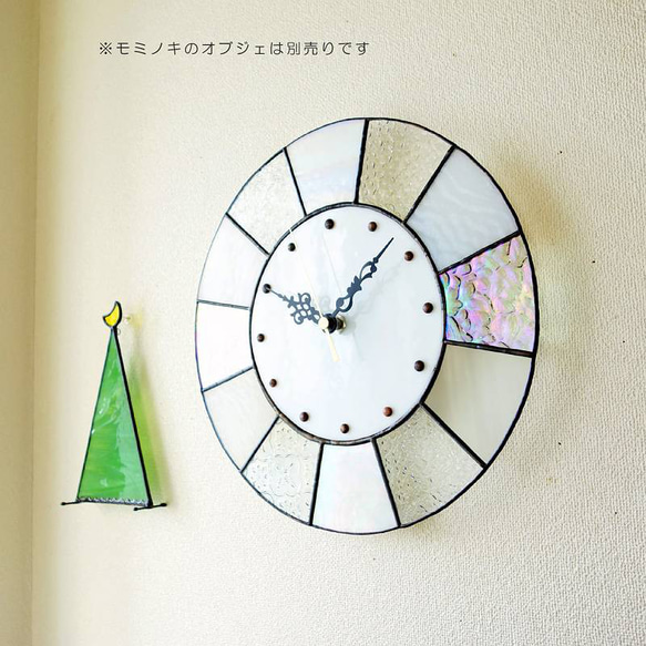 28㎝φステンドグラスの時計（掛時計・置時計）（パール・クリア・ホワイト）【新作2024】 3枚目の画像