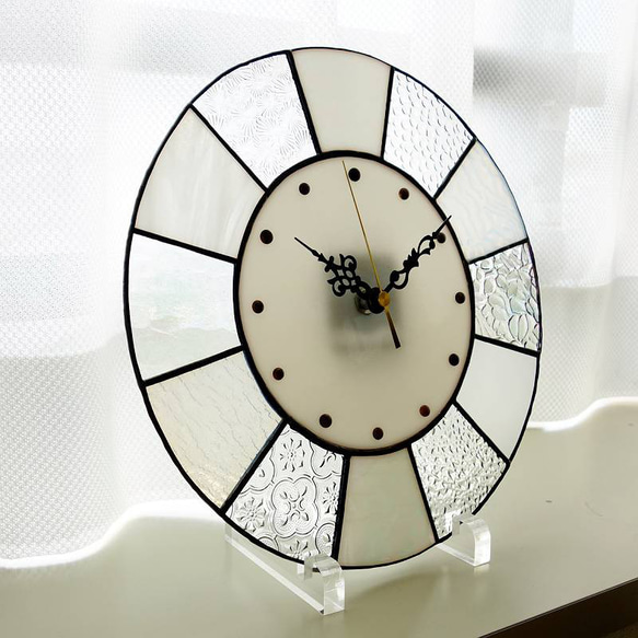 28㎝φステンドグラスの時計（掛時計・置時計）（パール・クリア・ホワイト）【新作2024】 7枚目の画像