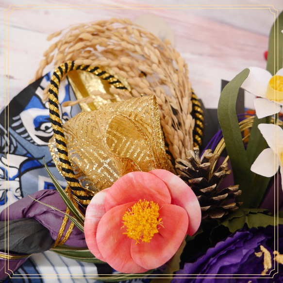 【送料無料】【毎年使えるデザイン】新春を祝うしめ縄飾り  葉牡丹、水仙と椿 6枚目の画像
