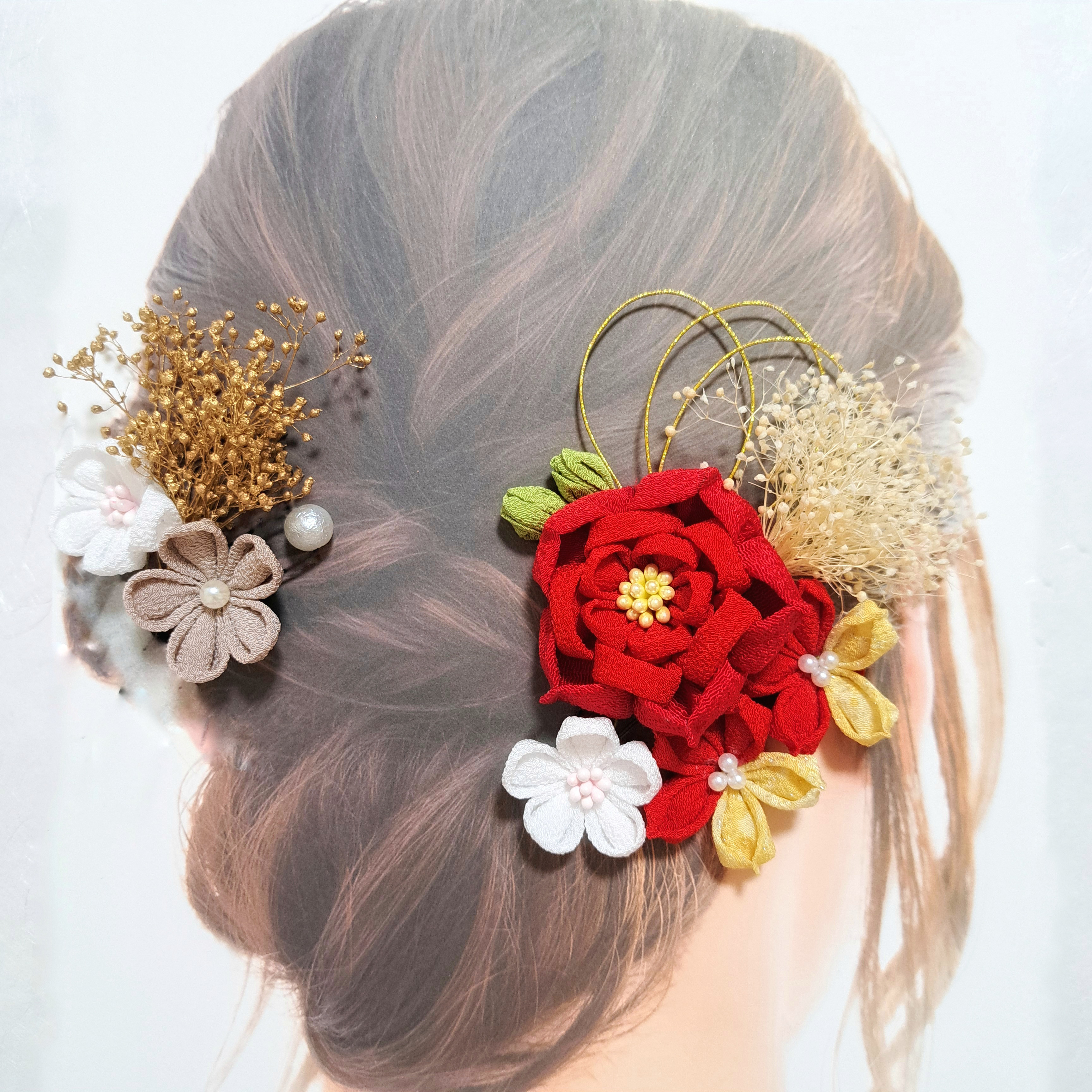 ☆豪華　19点セット☆　◎つまみ細工　水引◎ 『大きなお花の髪飾り赤・金』♡結婚式♡成人式♡卒業式♡七五三♡