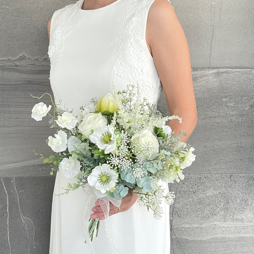 ホワイトグリーンのブーケ&ブートニア ホワイトグリーンブーケ