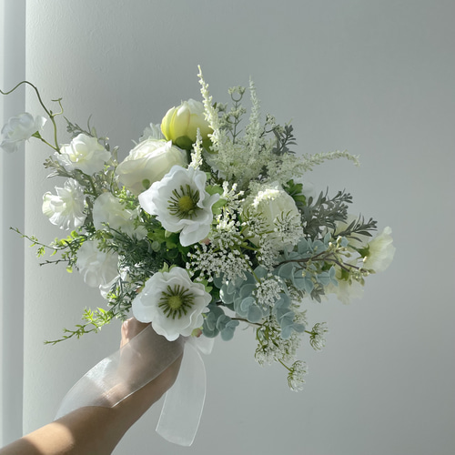 ホワイト×グリーン♪ウェディングブーケ ブートニア付き