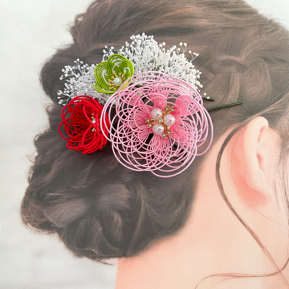 水引髪飾り　結婚式　成人式　着物の髪飾り　和装髪飾り　桃赤緑　かすみ草　M174 3枚目の画像