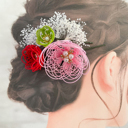 水引髪飾り　結婚式　成人式　着物の髪飾り　和装髪飾り　桃赤緑　かすみ草　M174 2枚目の画像